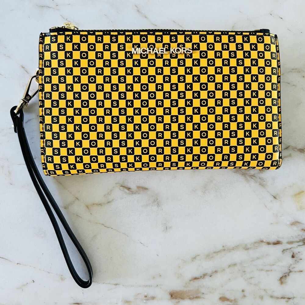 MICHAEL KORS New York City Taxi Yellow Multi Leather Double Zip Wallet Wristlet